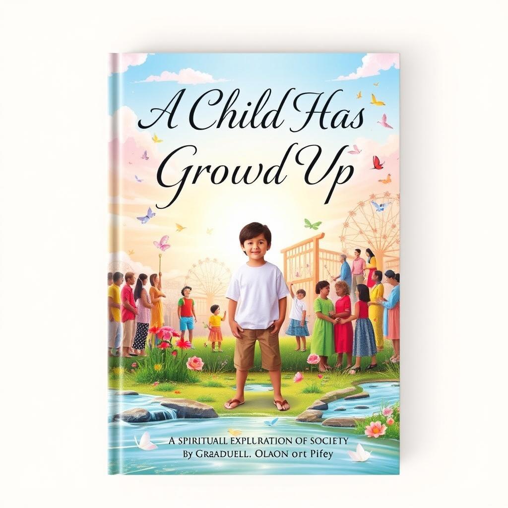 An enchanting book cover design for a spiritual exploration of society titled "A Child Has Grown Up