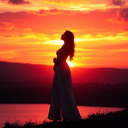A beautiful woman standing gracefully in a stunning sunset scene
