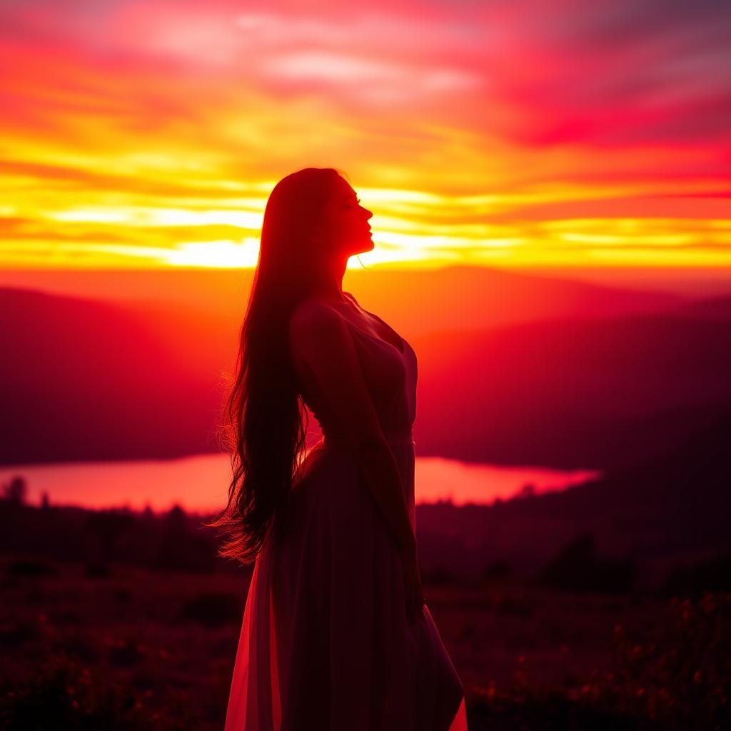 A beautiful woman standing gracefully in a stunning sunset scene