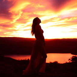 A beautiful woman standing gracefully in a stunning sunset scene