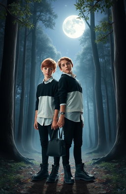 Two 13-year-old boys standing in a mystical forest at night, surrounded by tall trees and a starry sky