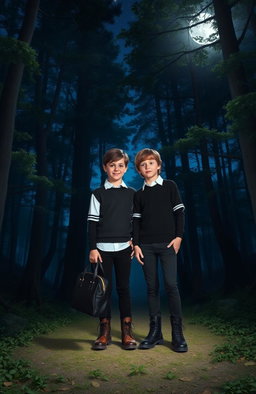 Two 13-year-old boys standing in a mystical forest at night, surrounded by tall trees and a starry sky