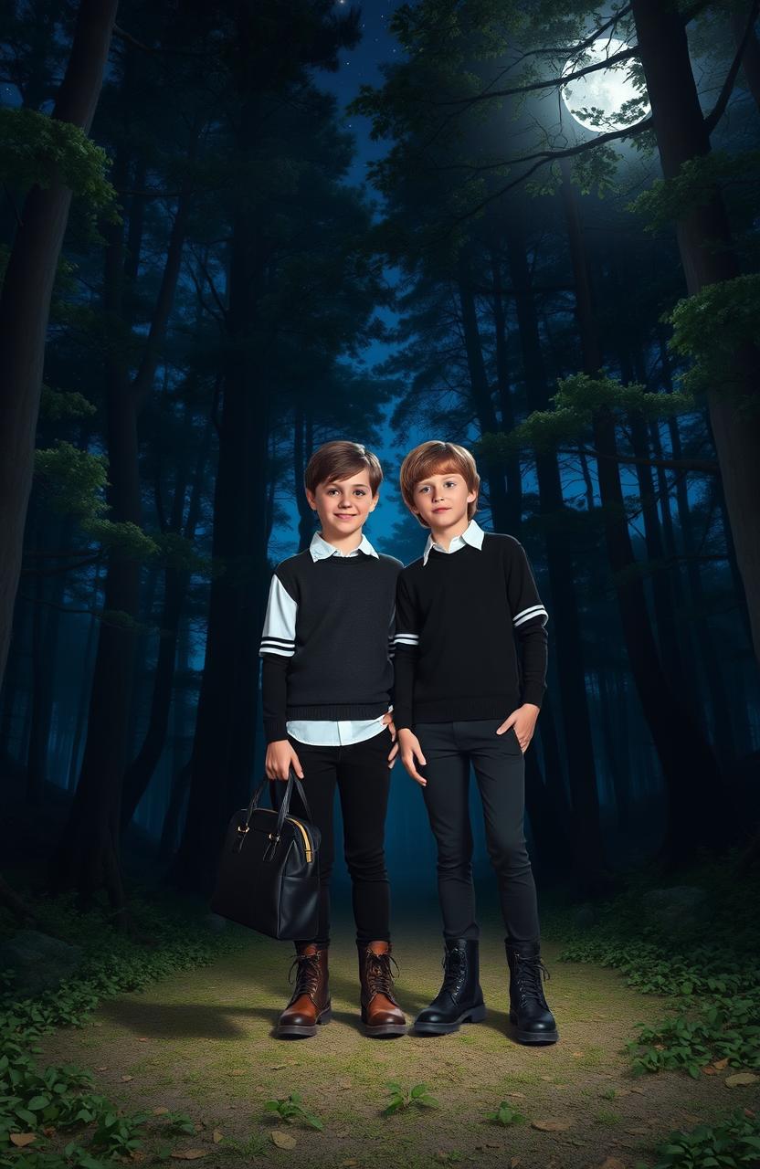 Two 13-year-old boys standing in a mystical forest at night, surrounded by tall trees and a starry sky