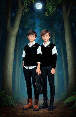 Two 13-year-old boys standing in a mystical forest at night, surrounded by tall trees and a starry sky