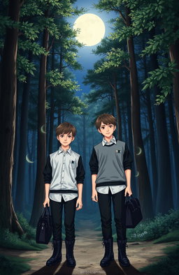 Two 13-year-old boys standing in a mystical forest at night, surrounded by tall trees and a starry sky