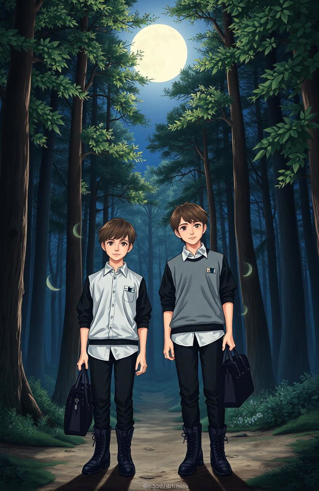 Two 13-year-old boys standing in a mystical forest at night, surrounded by tall trees and a starry sky
