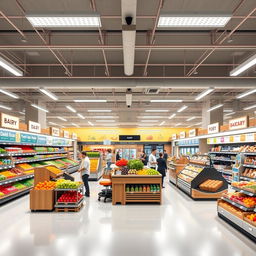 Interior design of a modern supermarket, featuring spacious aisles stocked with fresh produce, neatly organized shelves with a variety of products, inviting signage, and bright, welcoming lighting