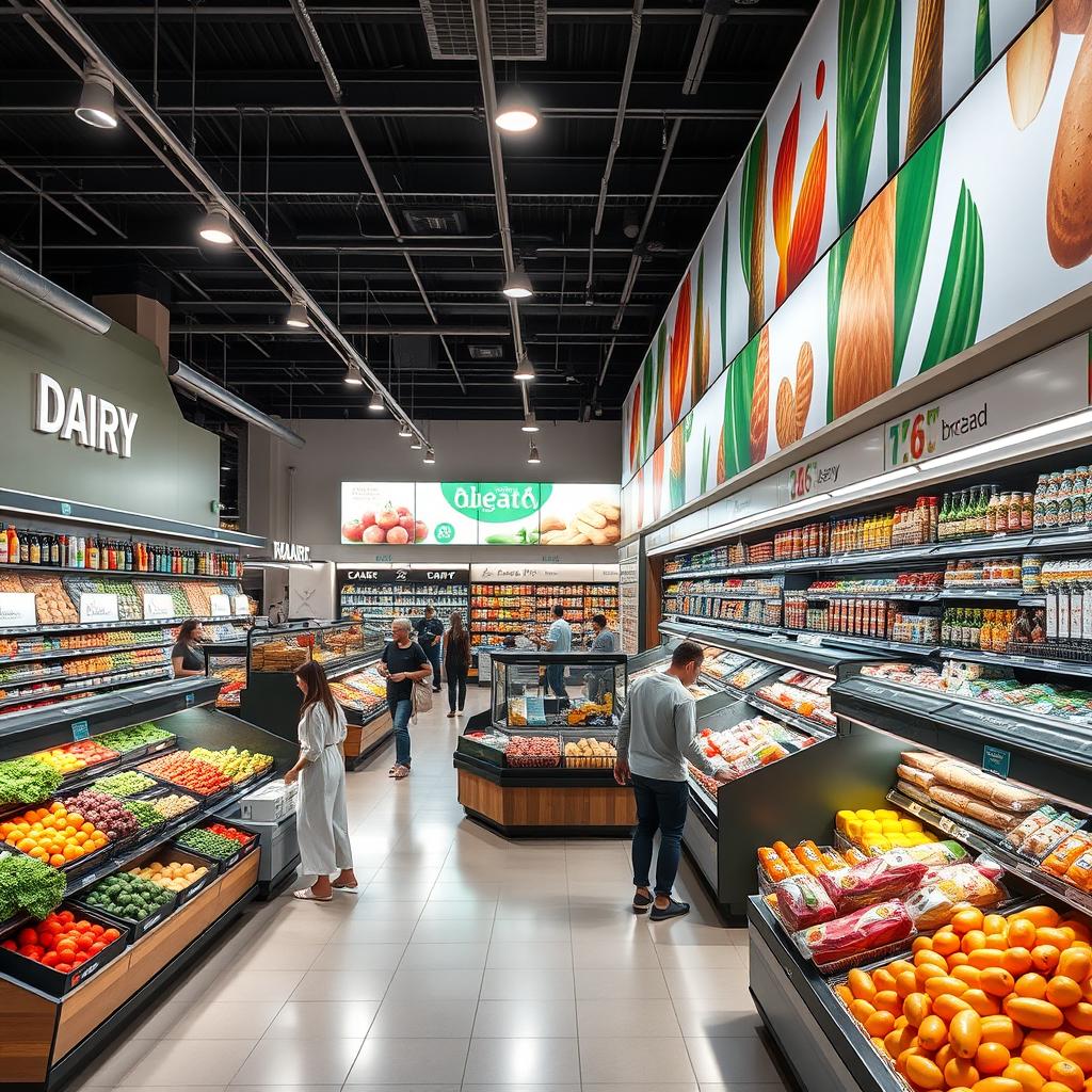 Interior design of a modern supermarket, featuring spacious aisles stocked with fresh produce, neatly organized shelves with a variety of products, inviting signage, and bright, welcoming lighting