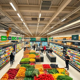 Interior design of a modern supermarket, featuring spacious aisles stocked with fresh produce, neatly organized shelves with a variety of products, inviting signage, and bright, welcoming lighting
