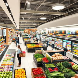 Interior design of a modern supermarket, featuring spacious aisles stocked with fresh produce, neatly organized shelves with a variety of products, inviting signage, and bright, welcoming lighting