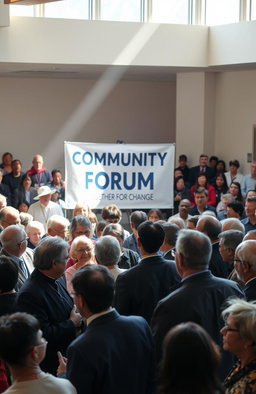 A diverse group of people gathered in a town hall meeting, discussing important community issues