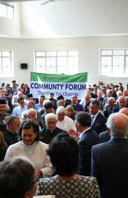 A diverse group of people gathered in a town hall meeting, discussing important community issues