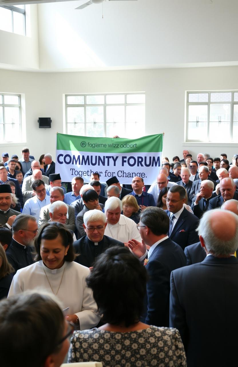 A diverse group of people gathered in a town hall meeting, discussing important community issues