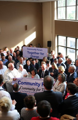 A diverse group of people gathered in a town hall meeting, discussing important community issues