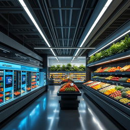 Futuristic interior design of a supermarket, emphasizing sleek lines and minimalist aesthetics