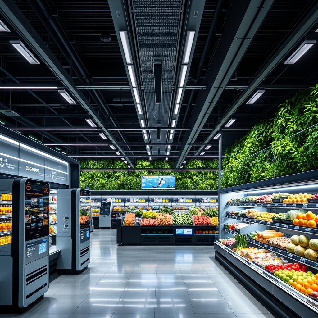 Futuristic interior design of a supermarket, emphasizing sleek lines and minimalist aesthetics