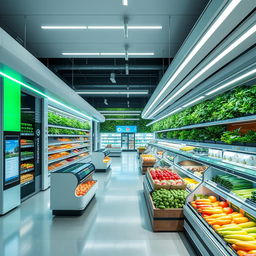 Futuristic interior design of a supermarket, emphasizing sleek lines and minimalist aesthetics
