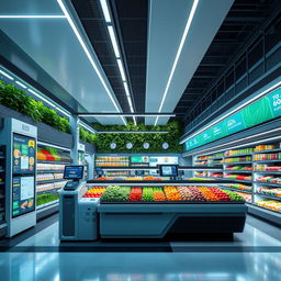 Futuristic interior design of a supermarket, emphasizing sleek lines and minimalist aesthetics