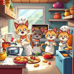 A whimsical scene of cartoon cats dressed as chefs, bustling in a colorful kitchen filled with various cooking ingredients