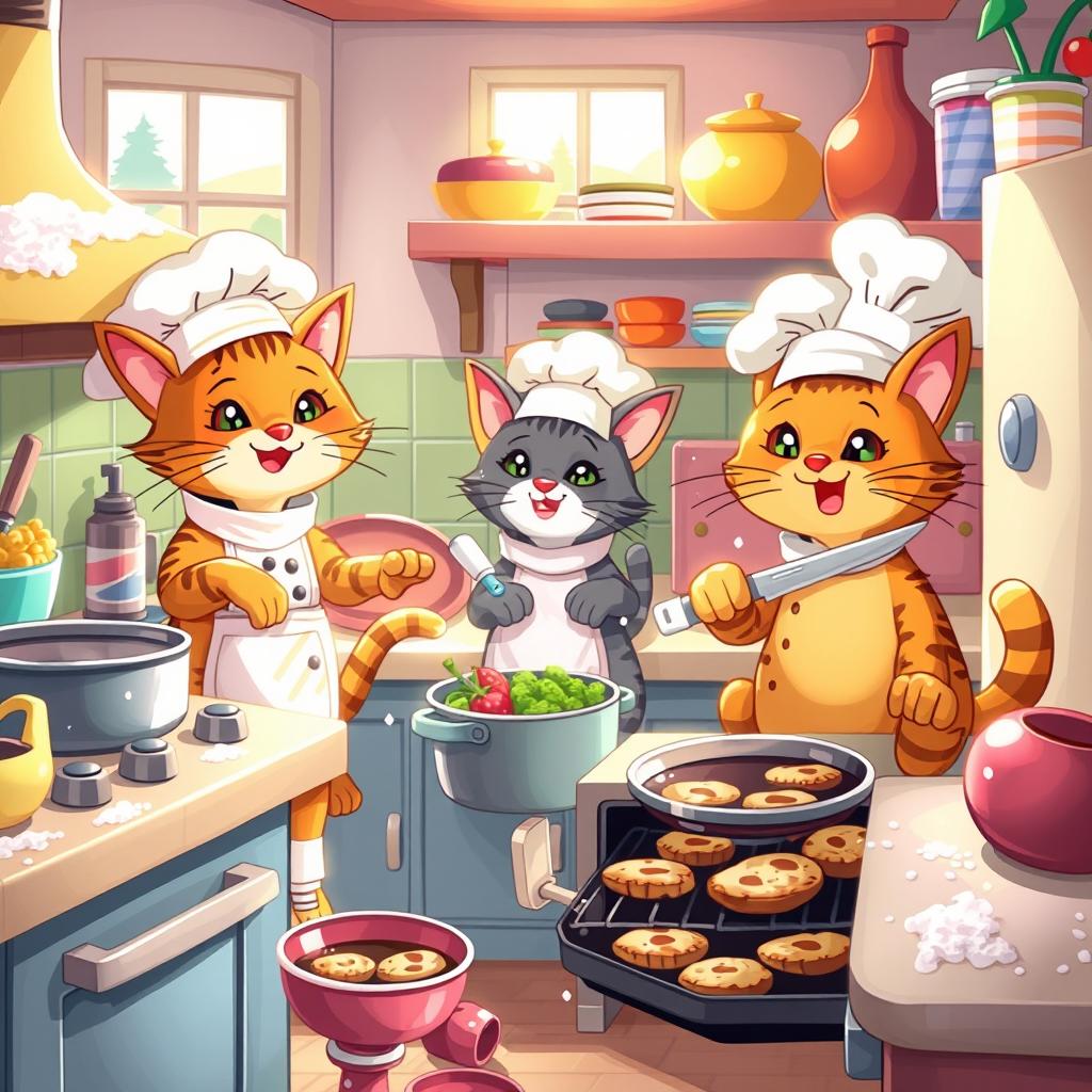 A whimsical scene of cartoon cats dressed as chefs, bustling in a colorful kitchen filled with various cooking ingredients