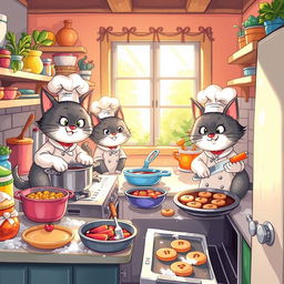 A whimsical scene of cartoon cats dressed as chefs, bustling in a colorful kitchen filled with various cooking ingredients