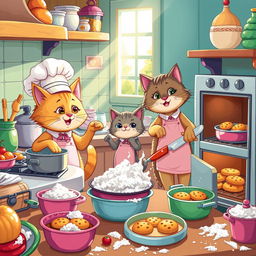 A whimsical scene of cartoon cats dressed as chefs, bustling in a colorful kitchen filled with various cooking ingredients