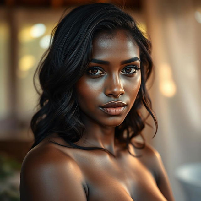 A striking and artistic portrayal of a dark-skinned Indian woman in a tasteful and elegant nude pose, showcasing natural beauty and grace