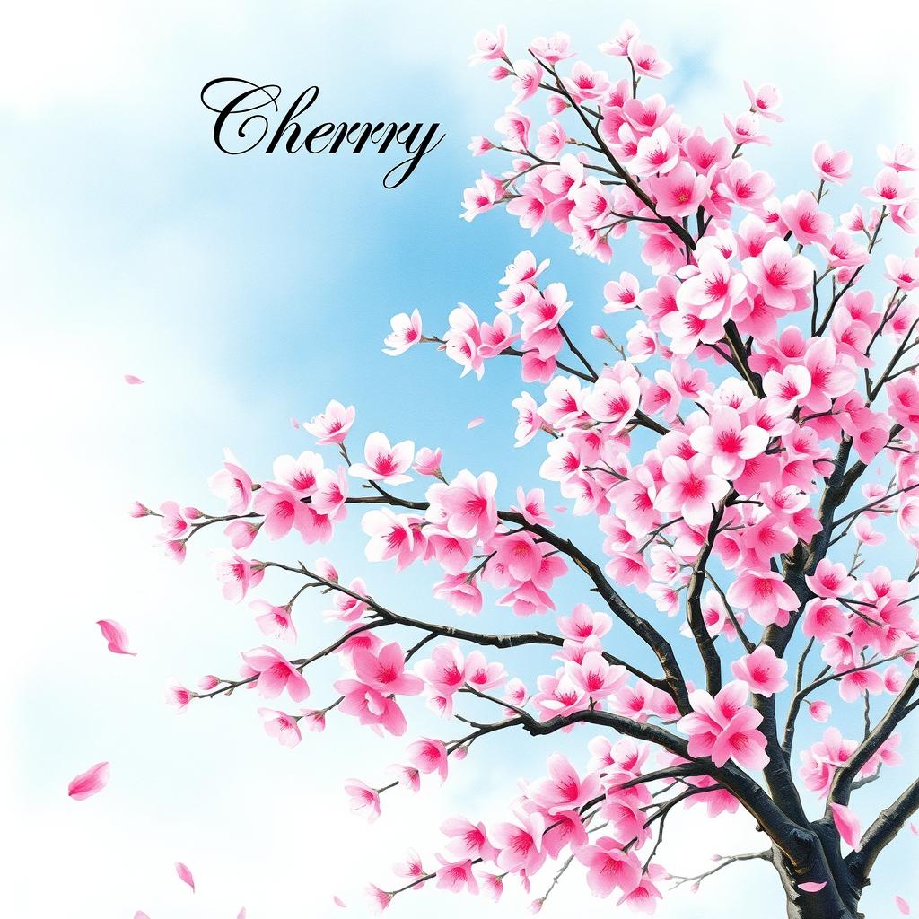 A beautiful book cover design featuring a cherry blossom tree in full bloom, captured in a delicate and vibrant watercolor painting style