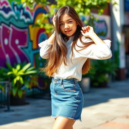 A 20-year-old girl wearing a stylish outfit consisting of a denim mini skirt and a crisp white blouse