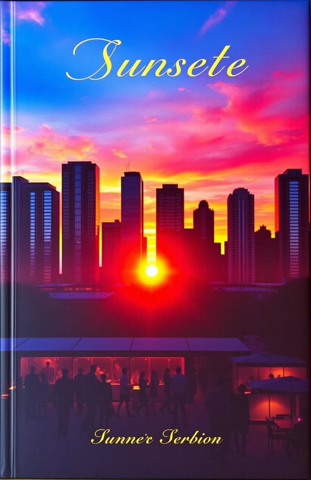 A stunning book cover depicting a vibrant sunset over a modern city skyline