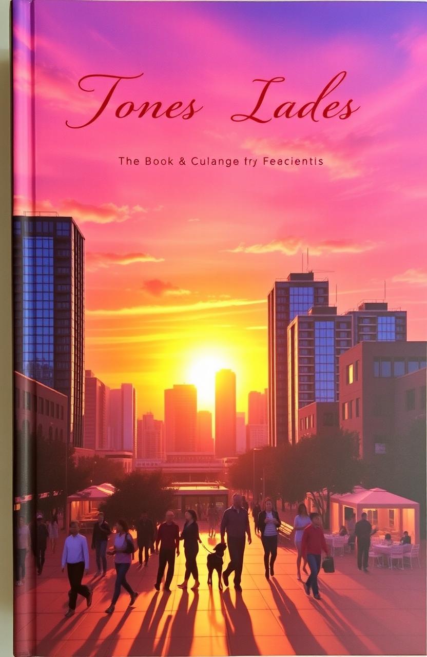 A stunning book cover depicting a vibrant sunset over a modern city skyline