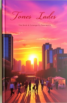 A stunning book cover depicting a vibrant sunset over a modern city skyline