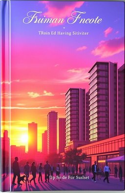 A stunning book cover depicting a vibrant sunset over a modern city skyline