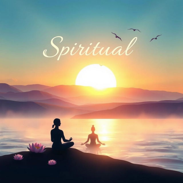 A captivating book cover design that embodies the essence of spirituality, featuring a serene landscape with a majestic sunrise illuminating a tranquil scene