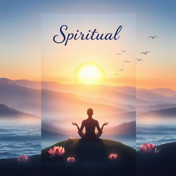 A captivating book cover design that embodies the essence of spirituality, featuring a serene landscape with a majestic sunrise illuminating a tranquil scene