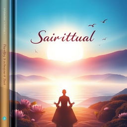 A captivating book cover design that embodies the essence of spirituality, featuring a serene landscape with a majestic sunrise illuminating a tranquil scene