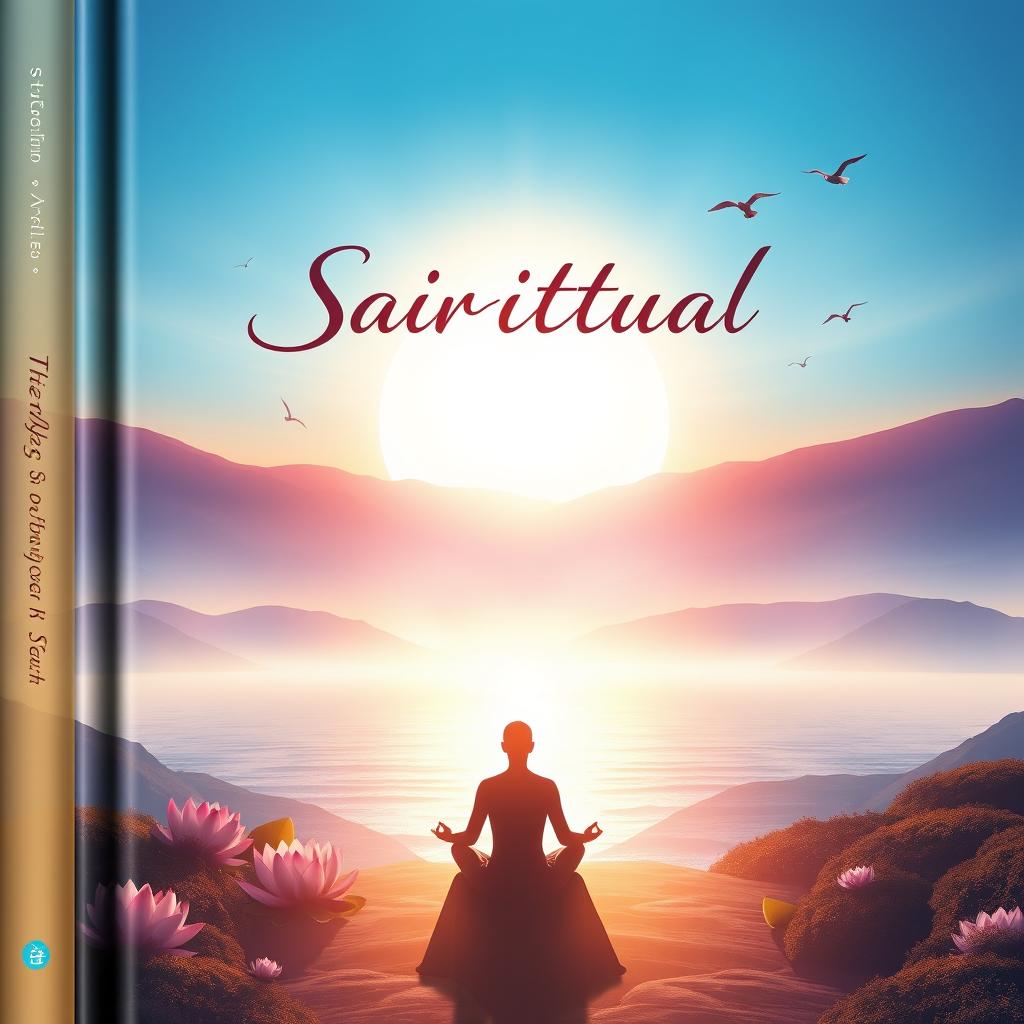 A captivating book cover design that embodies the essence of spirituality, featuring a serene landscape with a majestic sunrise illuminating a tranquil scene