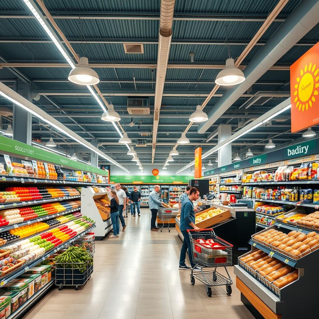Transform the interior of a commercial space into a modern supermarket