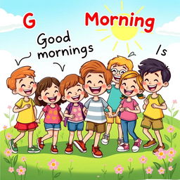 A vibrant cartoon scene depicting a diverse group of happy kids in a bright, colorful morning setting