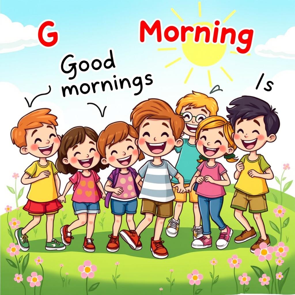 A vibrant cartoon scene depicting a diverse group of happy kids in a bright, colorful morning setting
