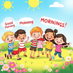 A vibrant cartoon scene depicting a diverse group of happy kids in a bright, colorful morning setting
