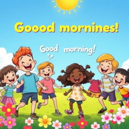 A vibrant cartoon scene depicting a diverse group of happy kids in a bright, colorful morning setting