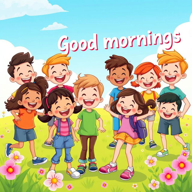 A vibrant cartoon scene depicting a diverse group of happy kids in a bright, colorful morning setting