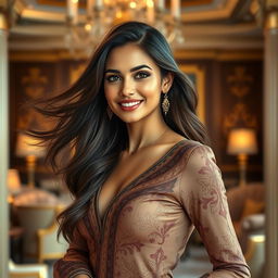 A beautiful, confident woman standing in a luxurious setting, exuding elegance and allure