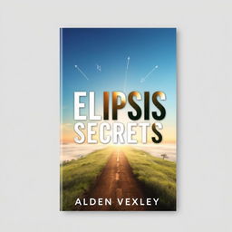 A flat book cover design titled 'Elipsis Secrets' by Alden Vexley, featuring a realistic landscape with a serene path leading toward a bright horizon to symbolize transformation