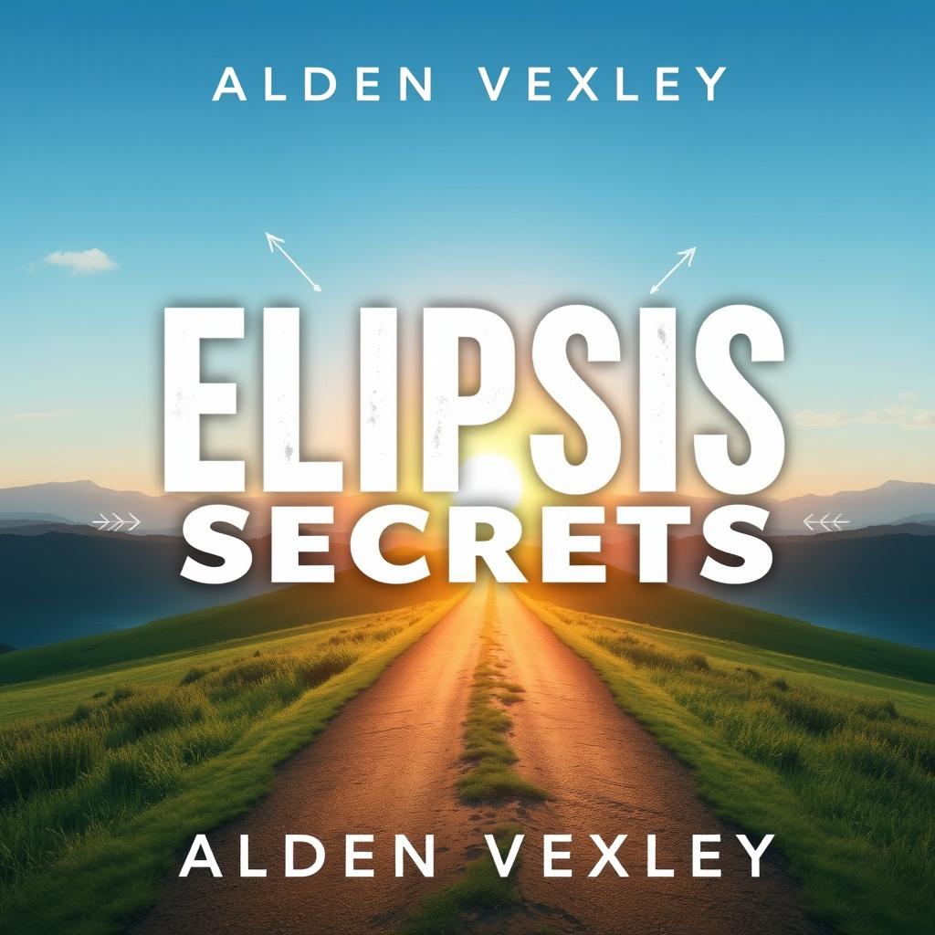 A flat book cover design titled 'Elipsis Secrets' by Alden Vexley, featuring a realistic landscape with a serene path leading toward a bright horizon to symbolize transformation