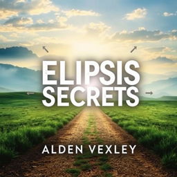 A flat book cover design titled 'Elipsis Secrets' by Alden Vexley, featuring a realistic landscape with a serene path leading toward a bright horizon to symbolize transformation