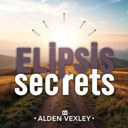 A flat book cover design titled 'Elipsis Secrets' by Alden Vexley, featuring a realistic landscape with a serene path leading toward a bright horizon to symbolize transformation