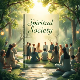 A captivating book cover design that represents a spiritual society, featuring a diverse group of people gathered in a serene, communal space filled with symbolic elements that evoke spirituality
