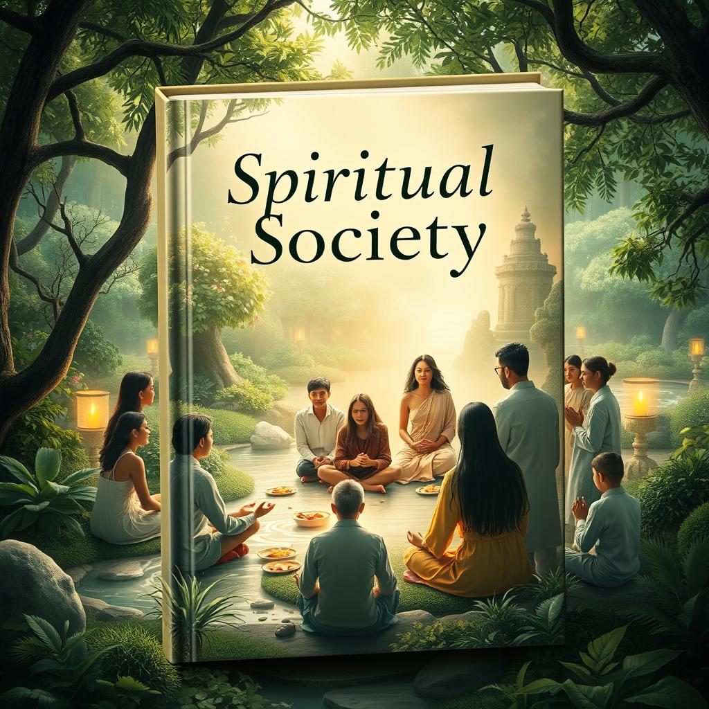 A captivating book cover design that represents a spiritual society, featuring a diverse group of people gathered in a serene, communal space filled with symbolic elements that evoke spirituality